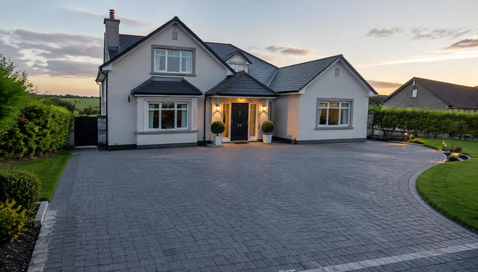 Block-paved driveway in front of a detached home at dusk (representative image)
